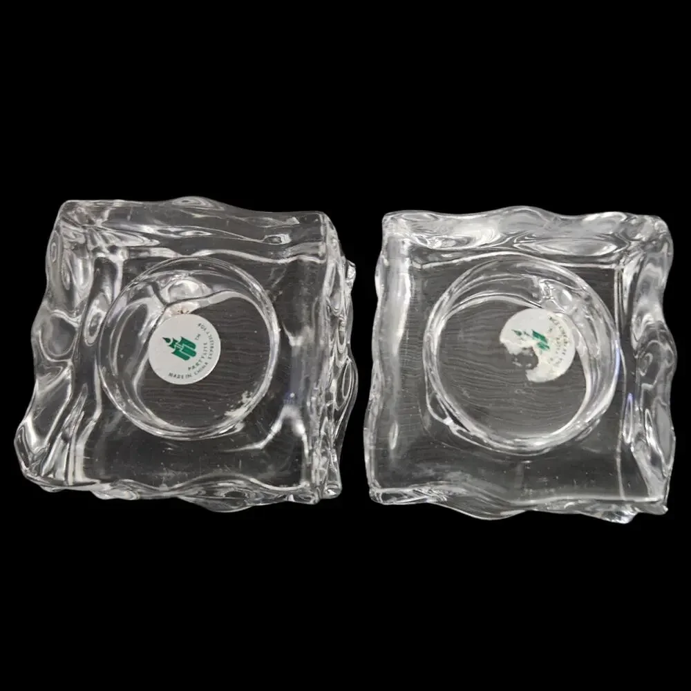 Vintage Pair Clear Ice Cube Glass Votive Candle Holders 2.5